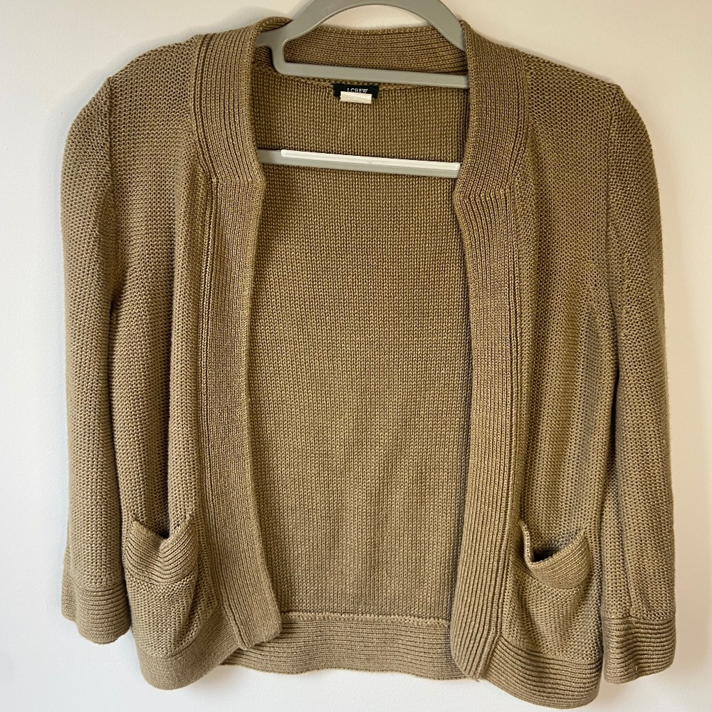 100% Linen Khaki Open Cropped Sweater Cardigan Long Sleeve Beach Cardigan